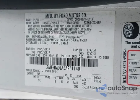 2010 Mercury Milan Premier from USA, damaged, VIN 3MEHM0JA5AR611401